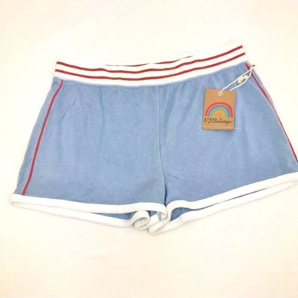 PJ Salvage Light Blue Terry Lounge Shorts with Red White Track Stripe NEW